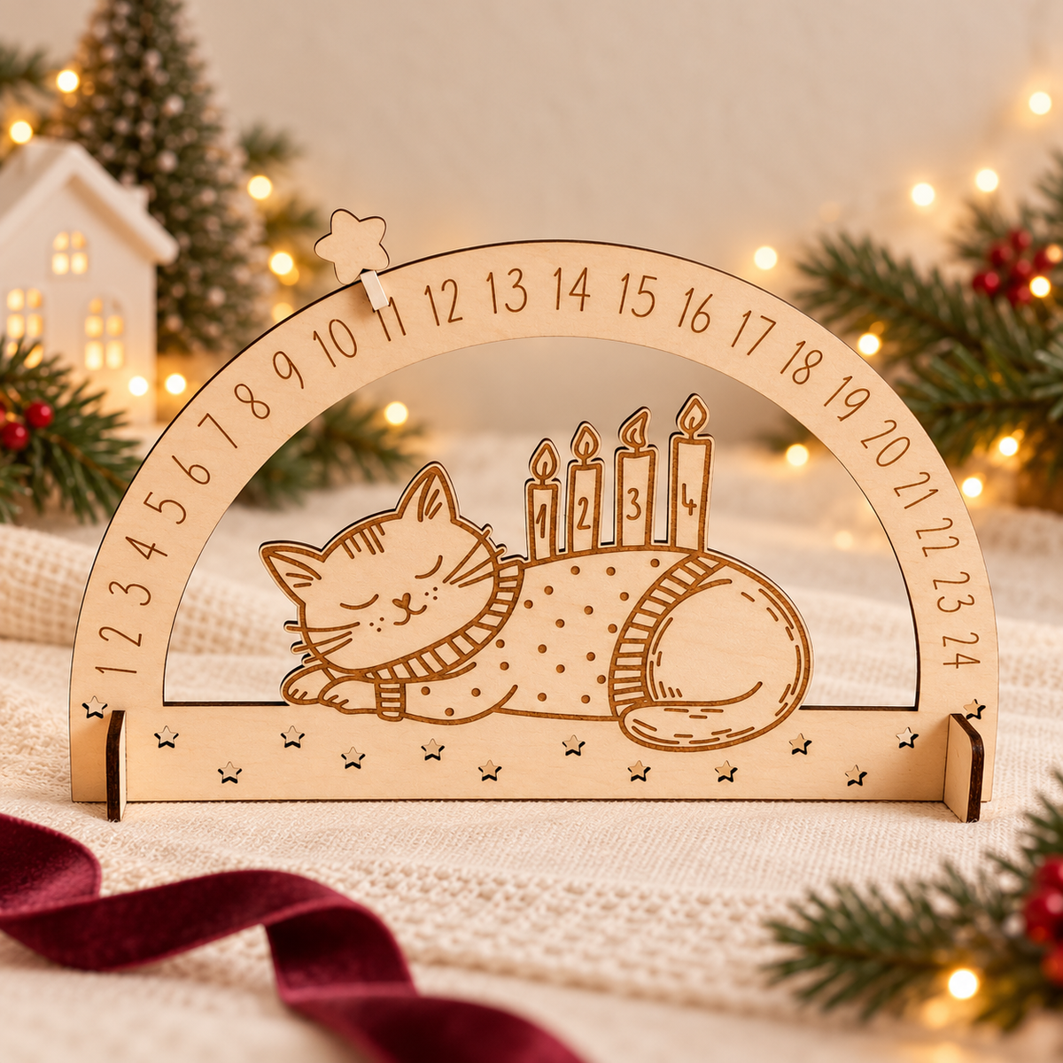 Calendario de cuenta atrás de Navidad de madera · Gatito