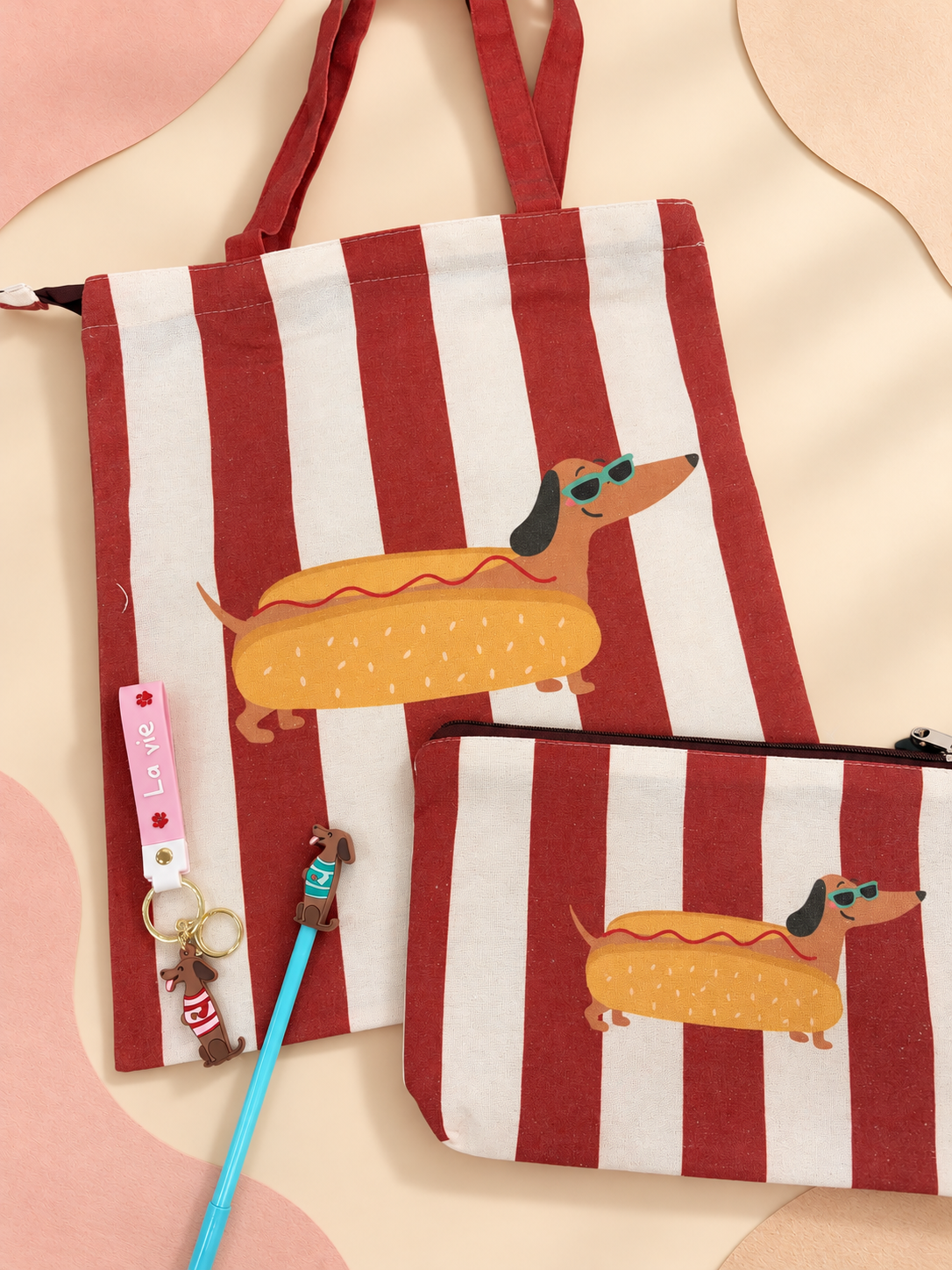 Pack teckel perrito caliente · Accesorios rosa y azul