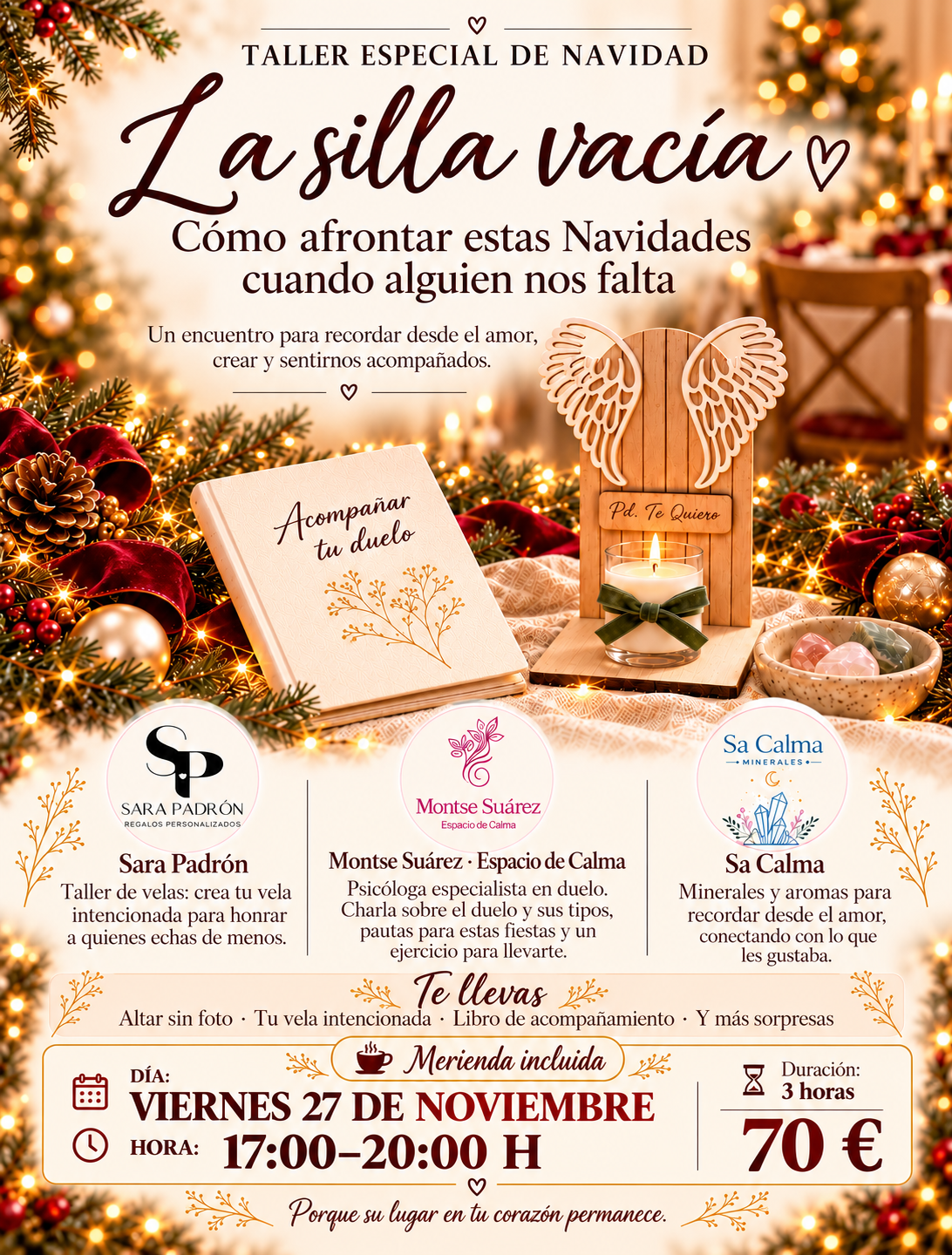 La silla vacía: taller especial de Navidad, 27 de noviembre de 17:00 a 20:00, 70 €, merienda incluida