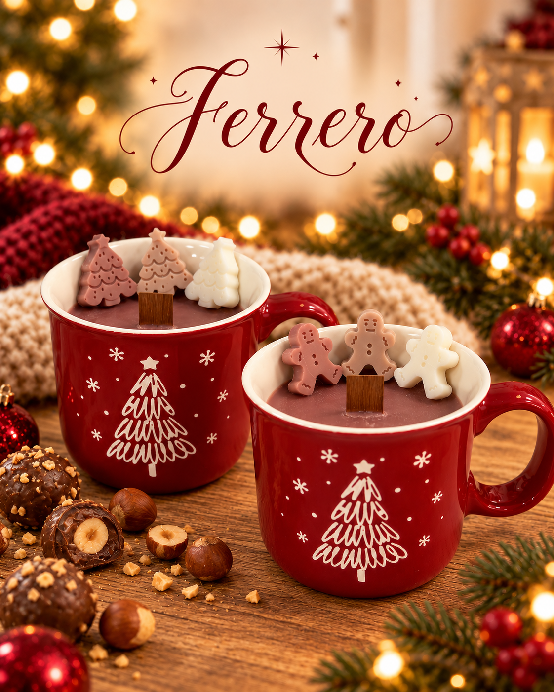 Dos decoraciones de vela aroma Ferrero en taza navideña, venta por unidad
