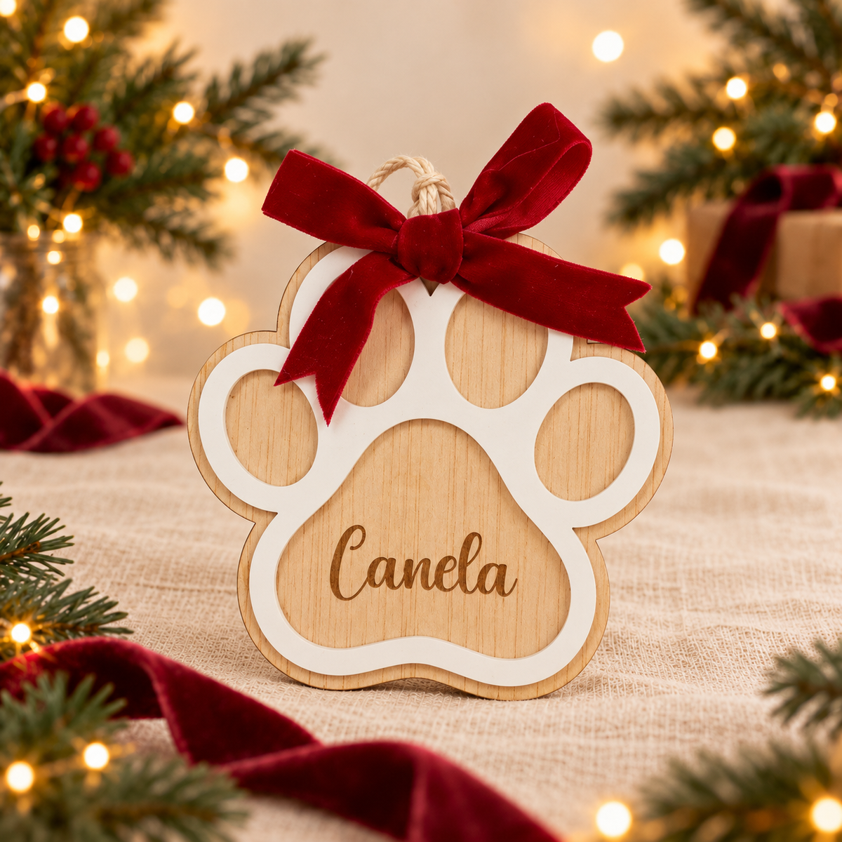 Adorno de Navidad personalizado · Huella sobre fondo crema y burdeos