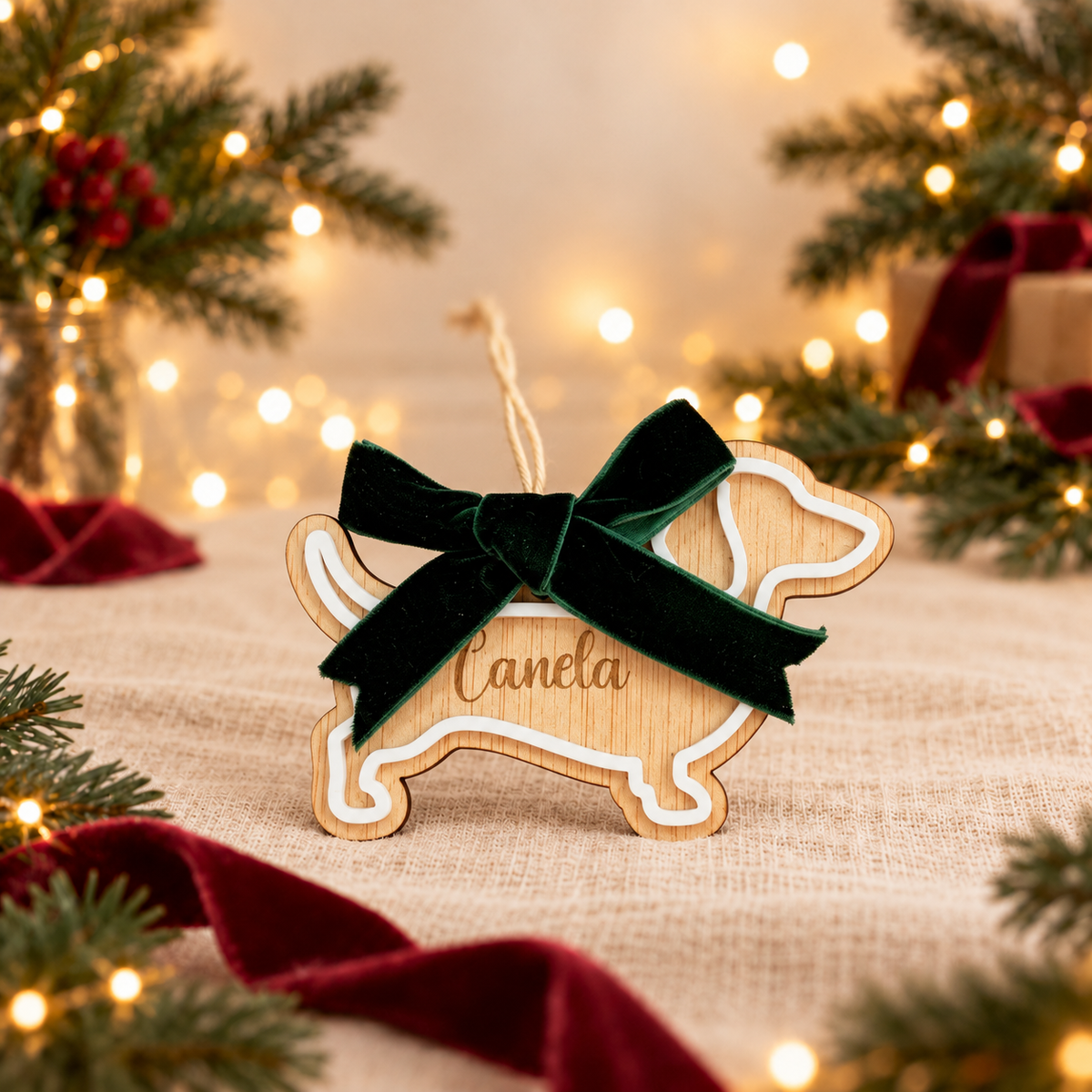 Adorno de Navidad mascota · Fondo navideño crema y burdeos