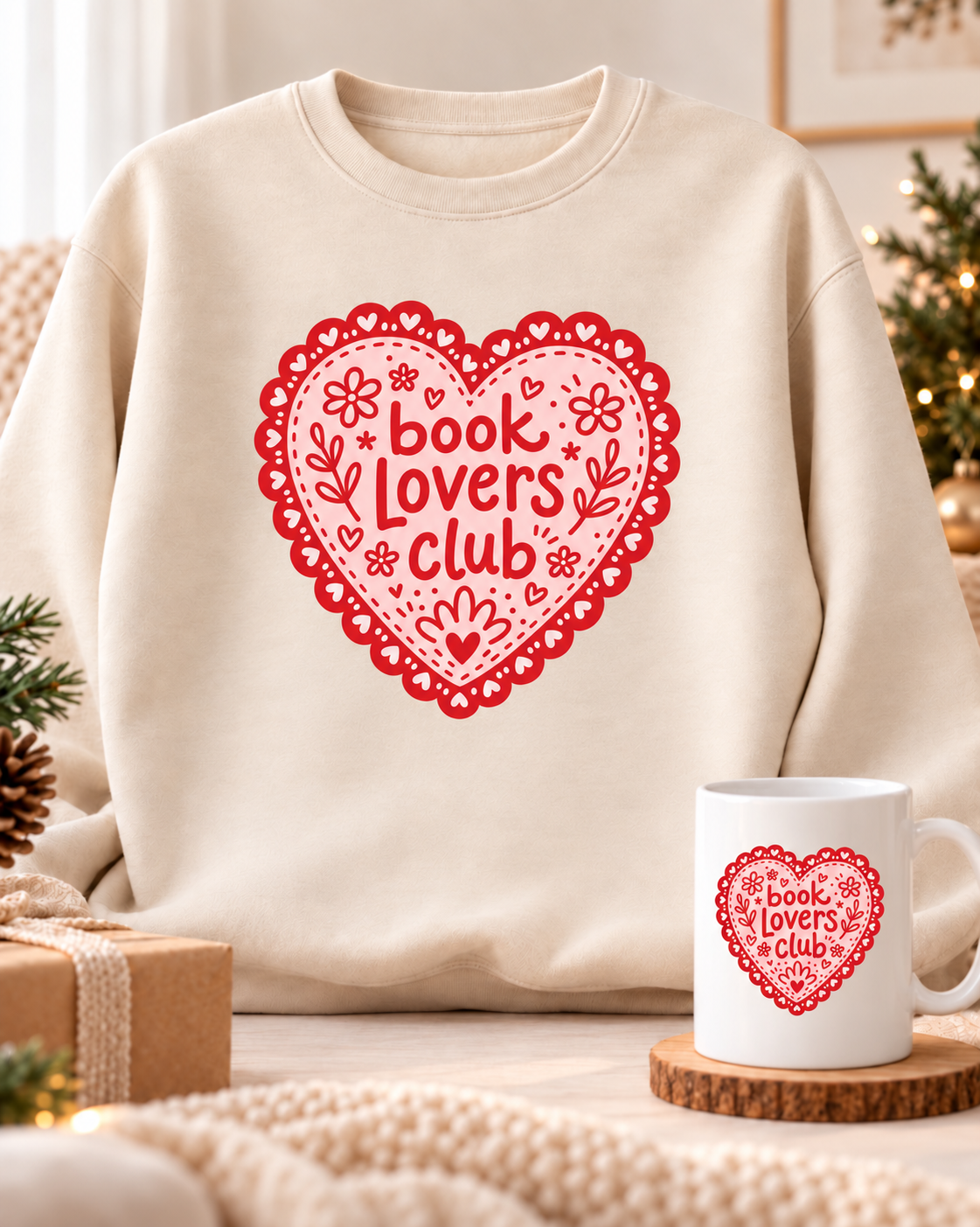 Pack sudadera beige y taza a juego · Book Lovers Club · Corazón