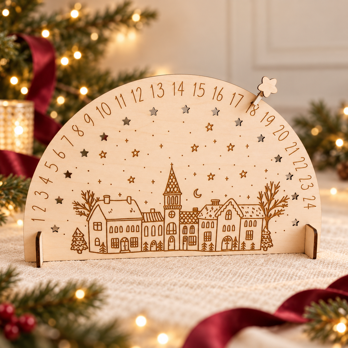 Calendario de cuenta atrás de Navidad de madera · Pueblo navideño
