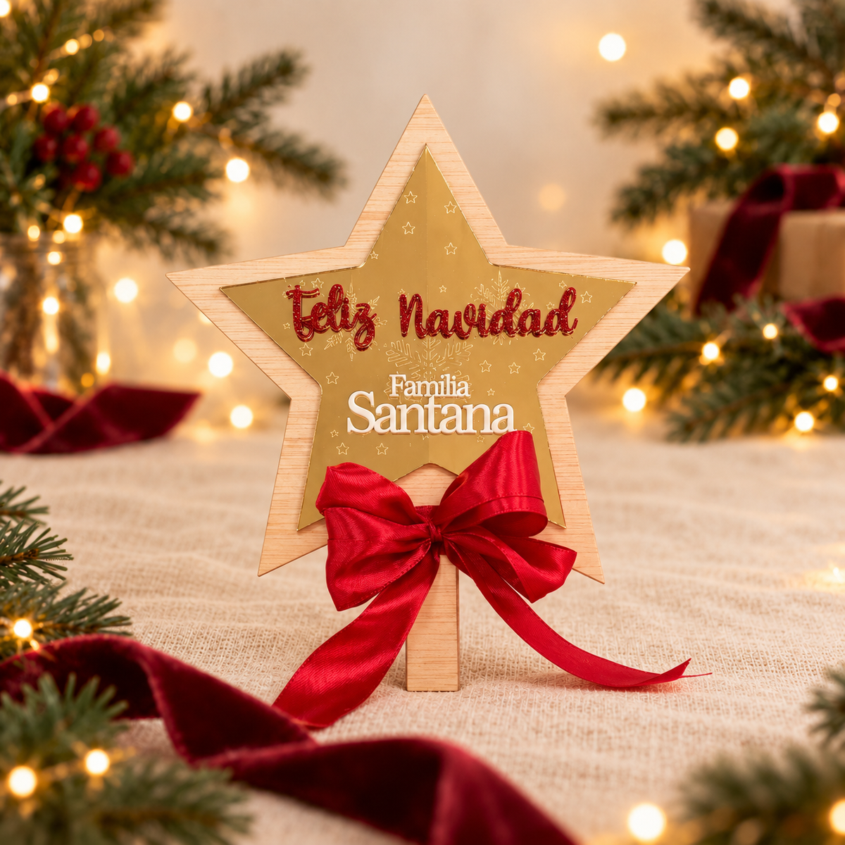 Estrella de Navidad personalizada · Fondo navideño crema y burdeos