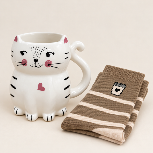 Taza gatito blanco y par de calcetines topo con rayas claras