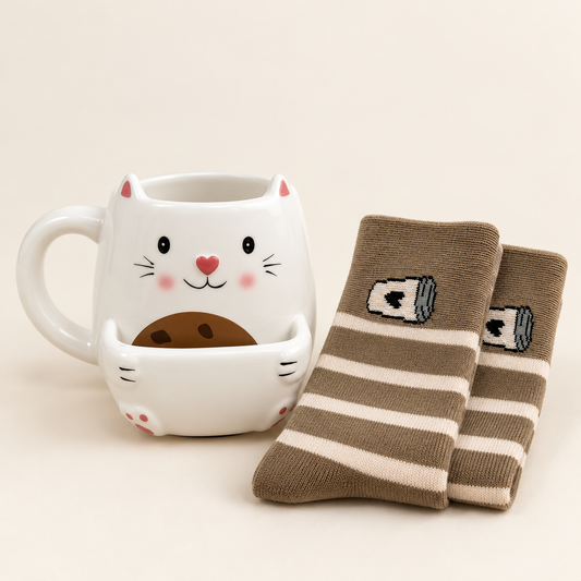 Taza gatito blanco con bolsillo y par de calcetines topo sin etiqueta