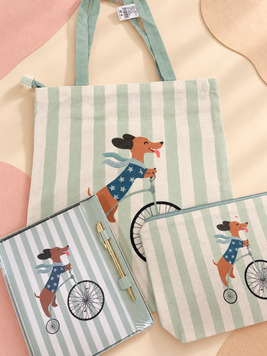 Pack perro salchicha · Bicicleta y libreta