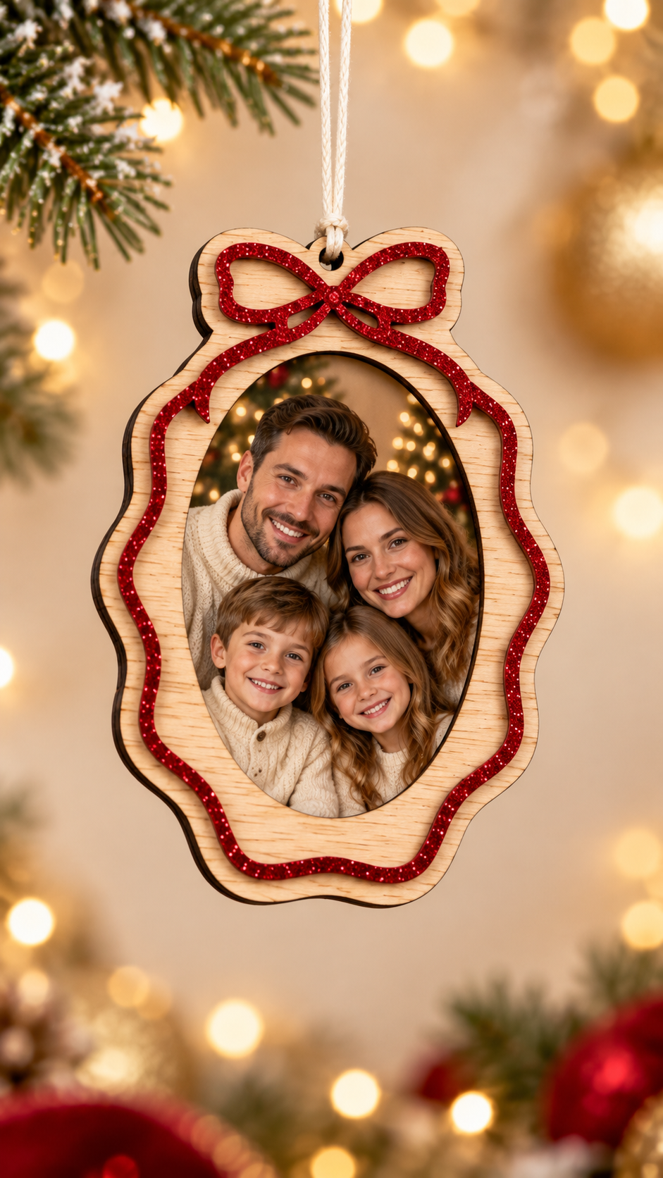 Adorno navideño con foto · Marco y lazo rojo