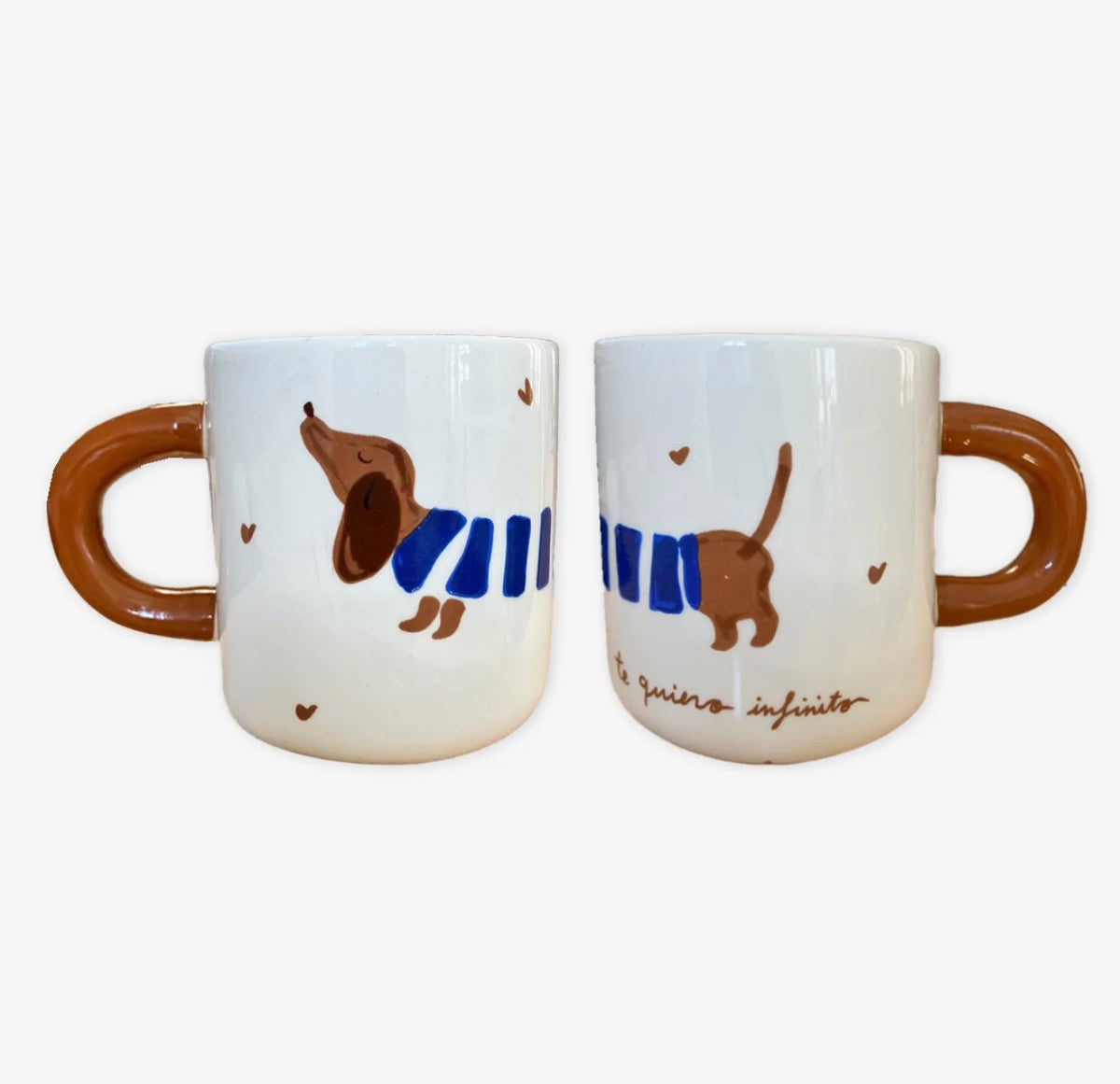 Dos vistas de una taza Te quiero infinito con teckel